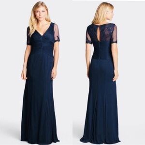 Adrianna Papell NWT Navy Blue V-Neck Sheer Mesh Beaded Sleeve Gown